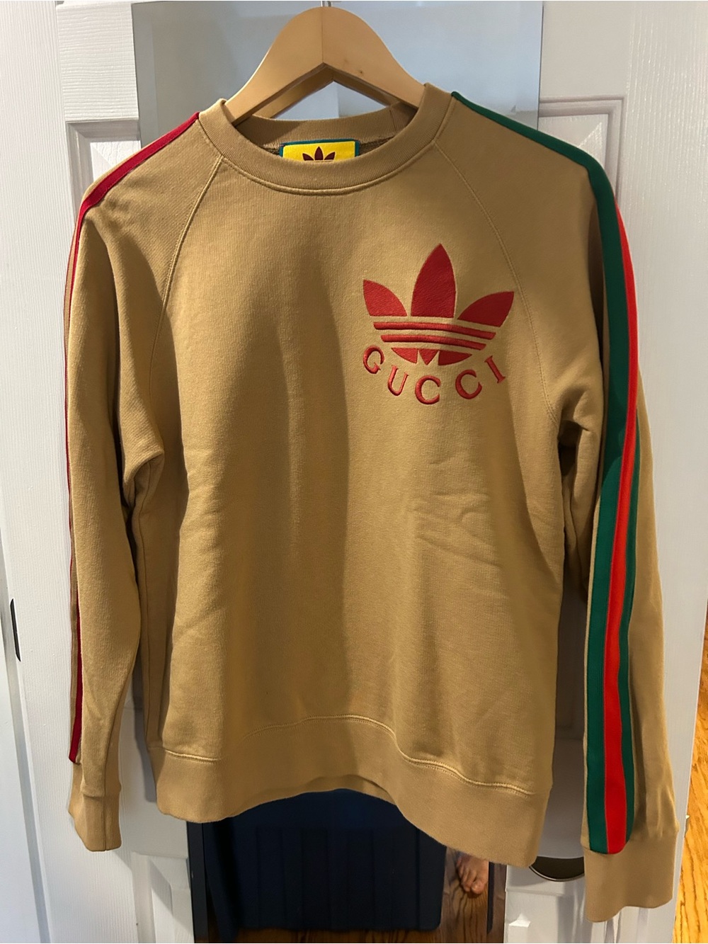 Gucci Tan Crewneck Sweater with Red Logo and Red/Green Sleeve Stripes